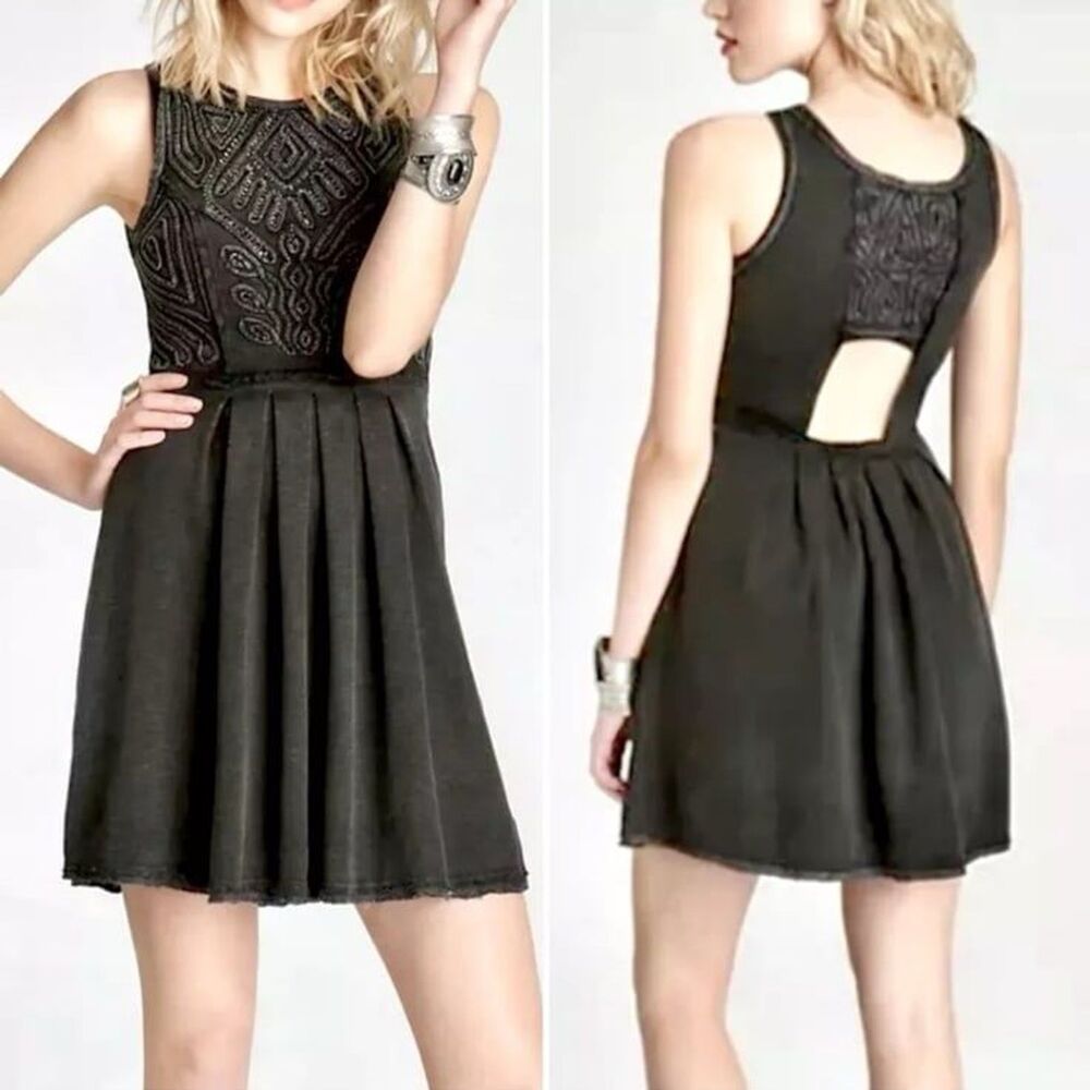 Free People Women's Sassy Soutache Beaded Skater Dress Grey Size Small